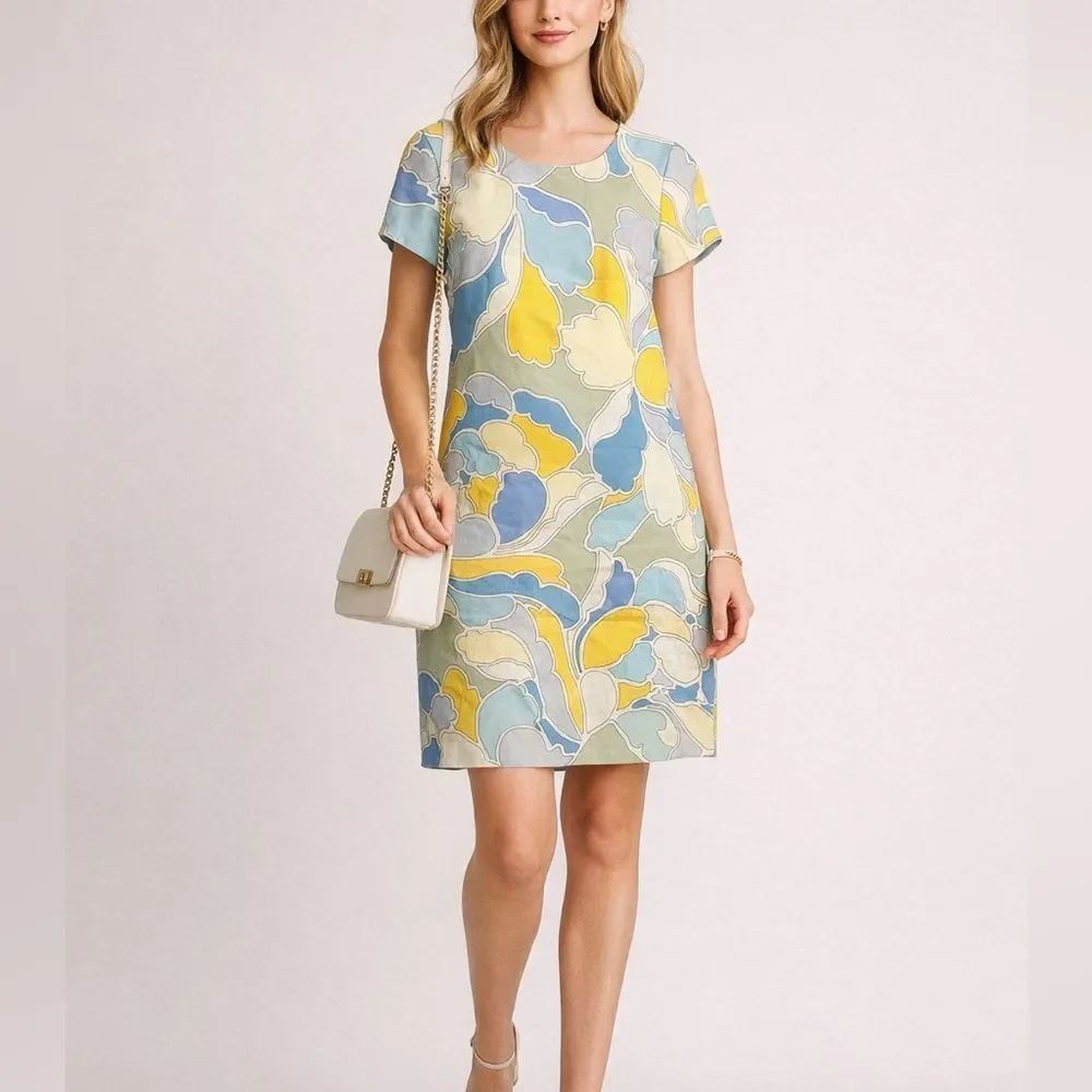 Etcetera 100% Silk Shift Dress Size 8 Blue Yellow Abstract Print Lined